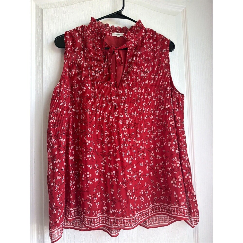 Max Studio Women's Sleeveless Blouse Red Printed Floral Size M Bow Key New